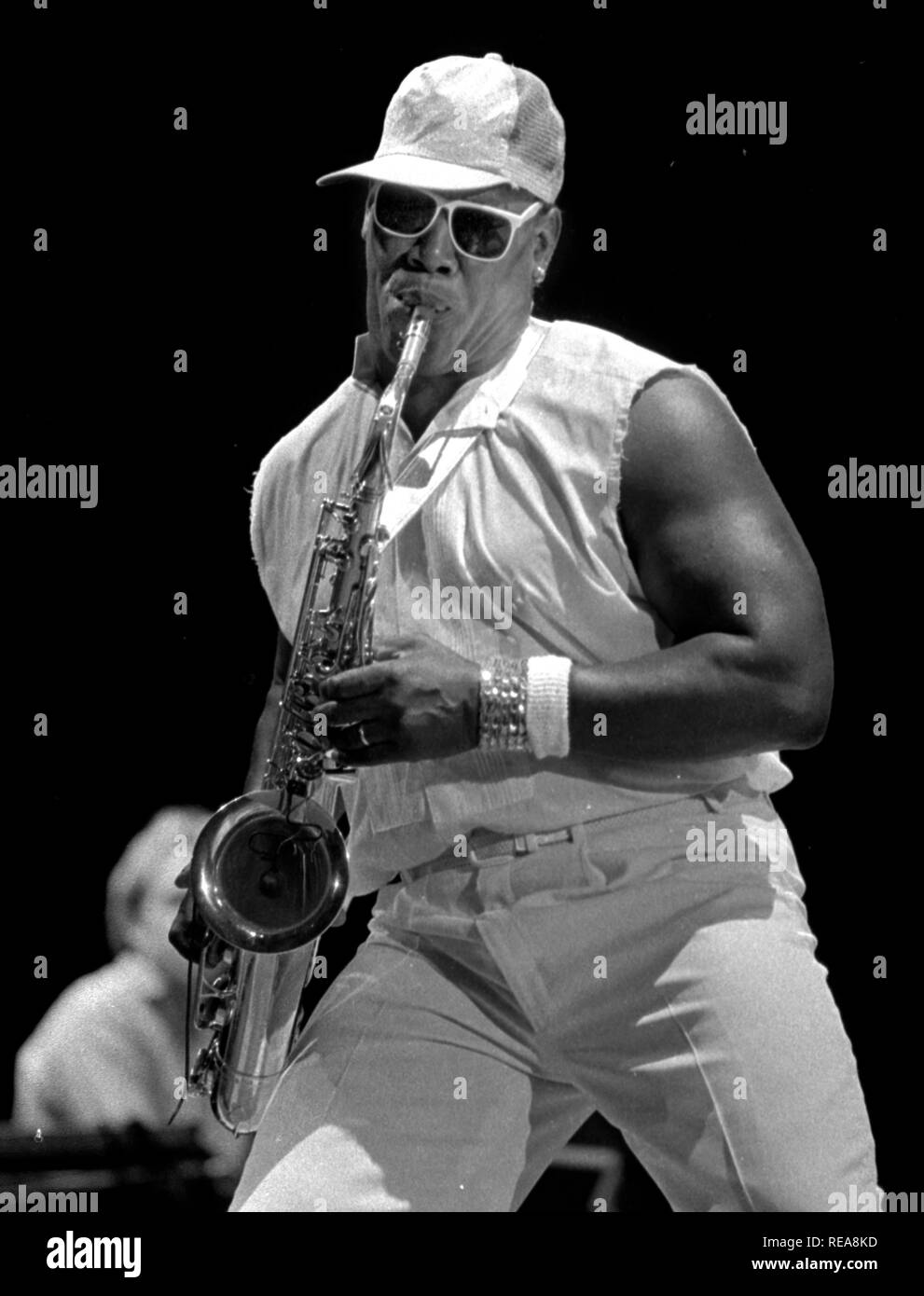 E-Street Band's Clarence Clemons joue dans Dallas Tx USA 1985 photo de Bill belknap Banque D'Images