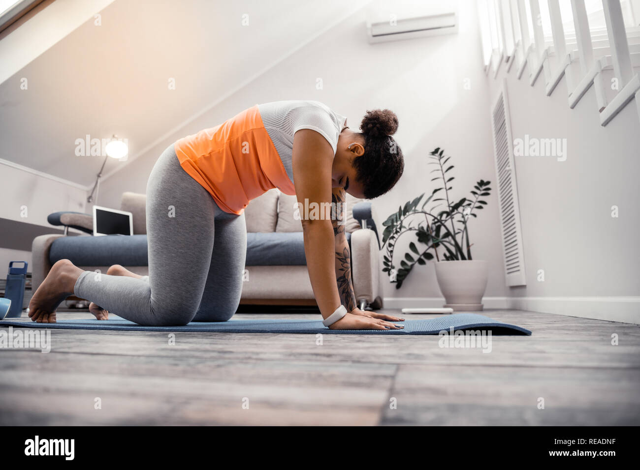 Femme ayant concentré session sportive à la maison Banque D'Images