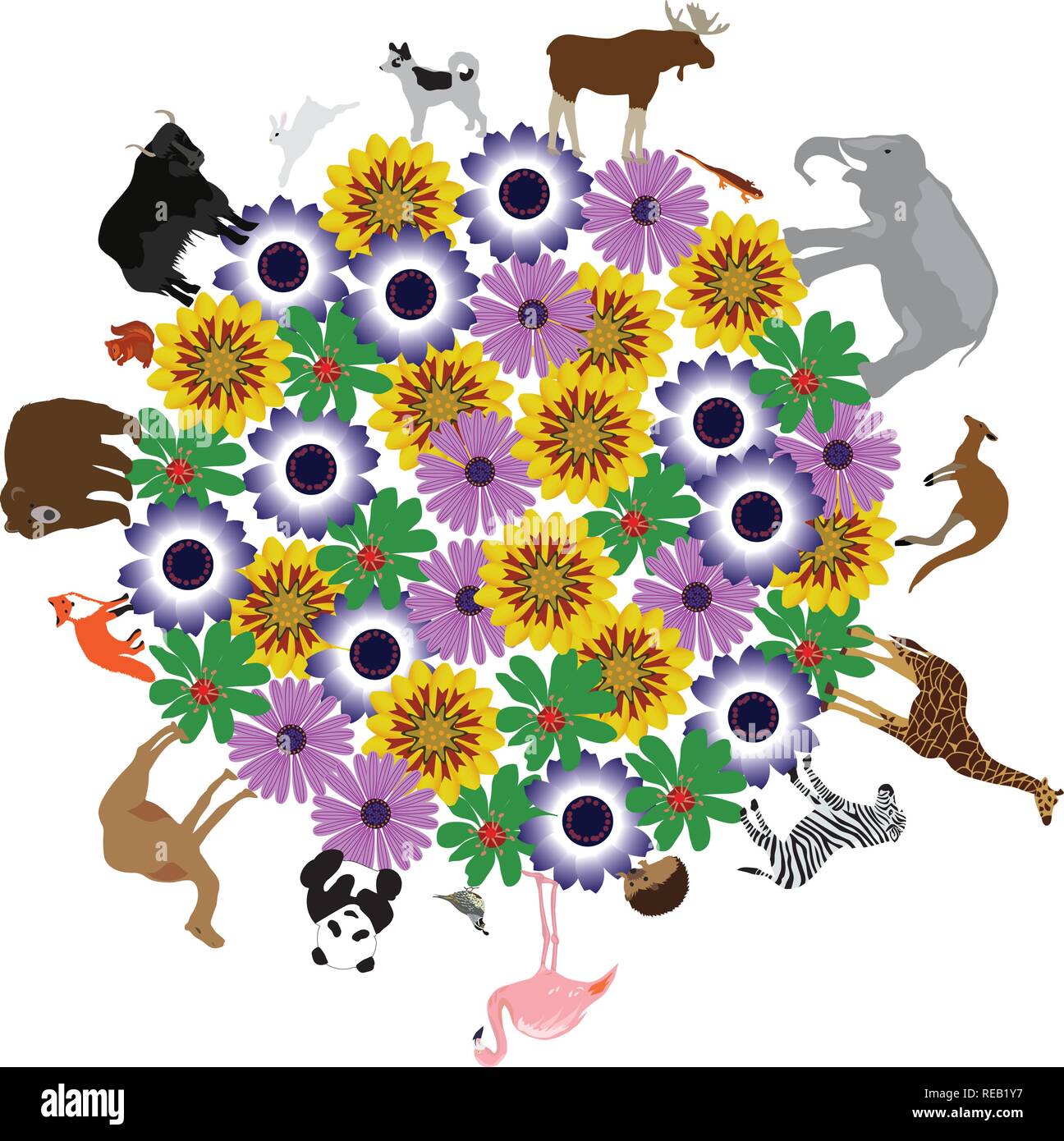 Vector illustration d'une planète floral avec des animaux balade autour de lui. Illustration de Vecteur