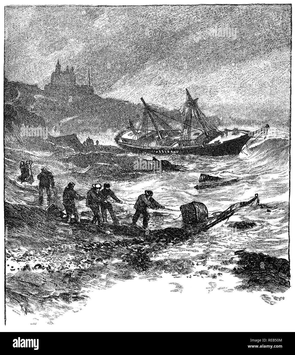 1884 gravure de pêcheurs sur une côte tempête près de Mawe's Castle à Cornwall. Banque D'Images