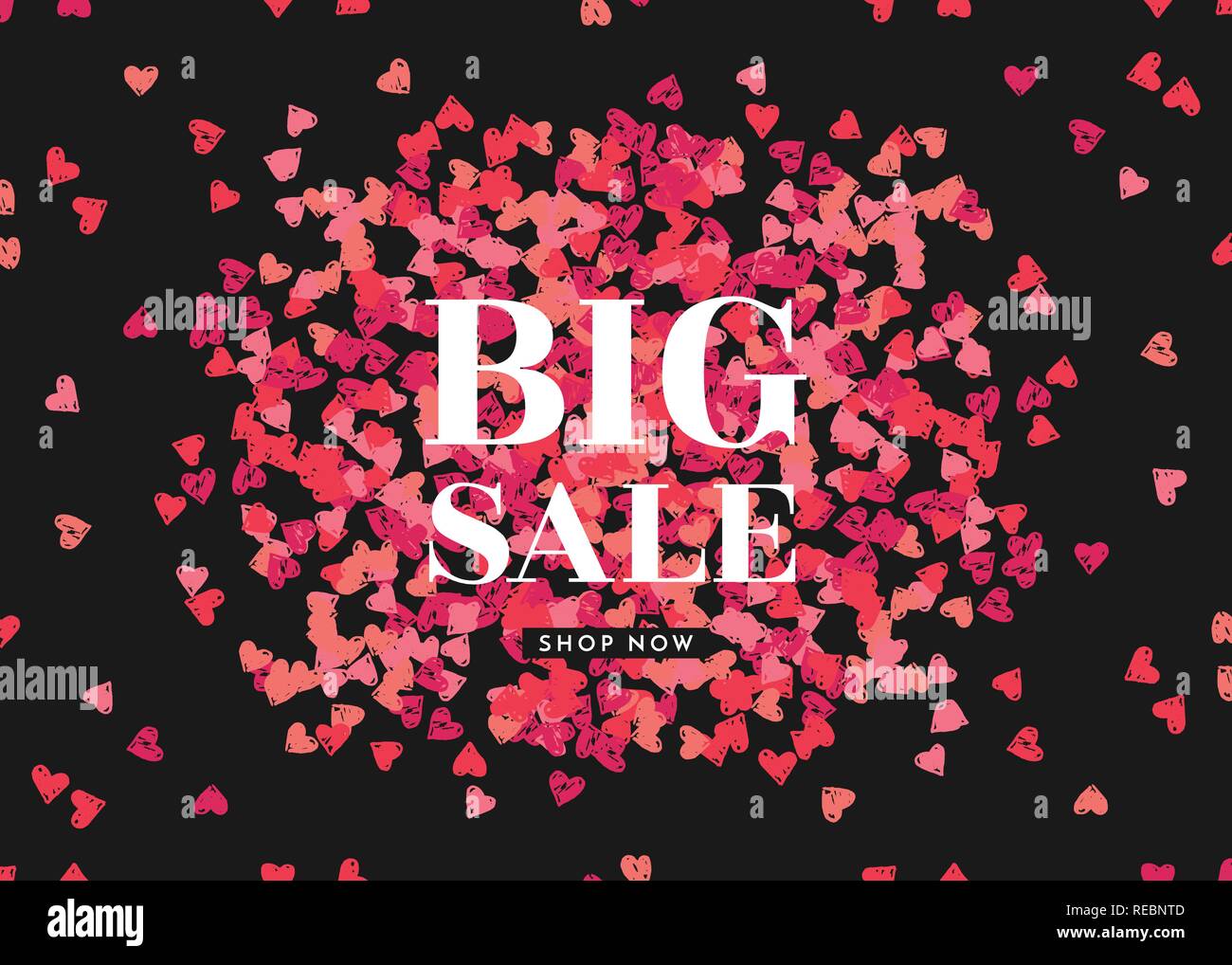 Valentine's Day sale modèle d'affiche avec des confettis en forme de cœur et un texte blanc sur fond noir. Illustration de Vecteur