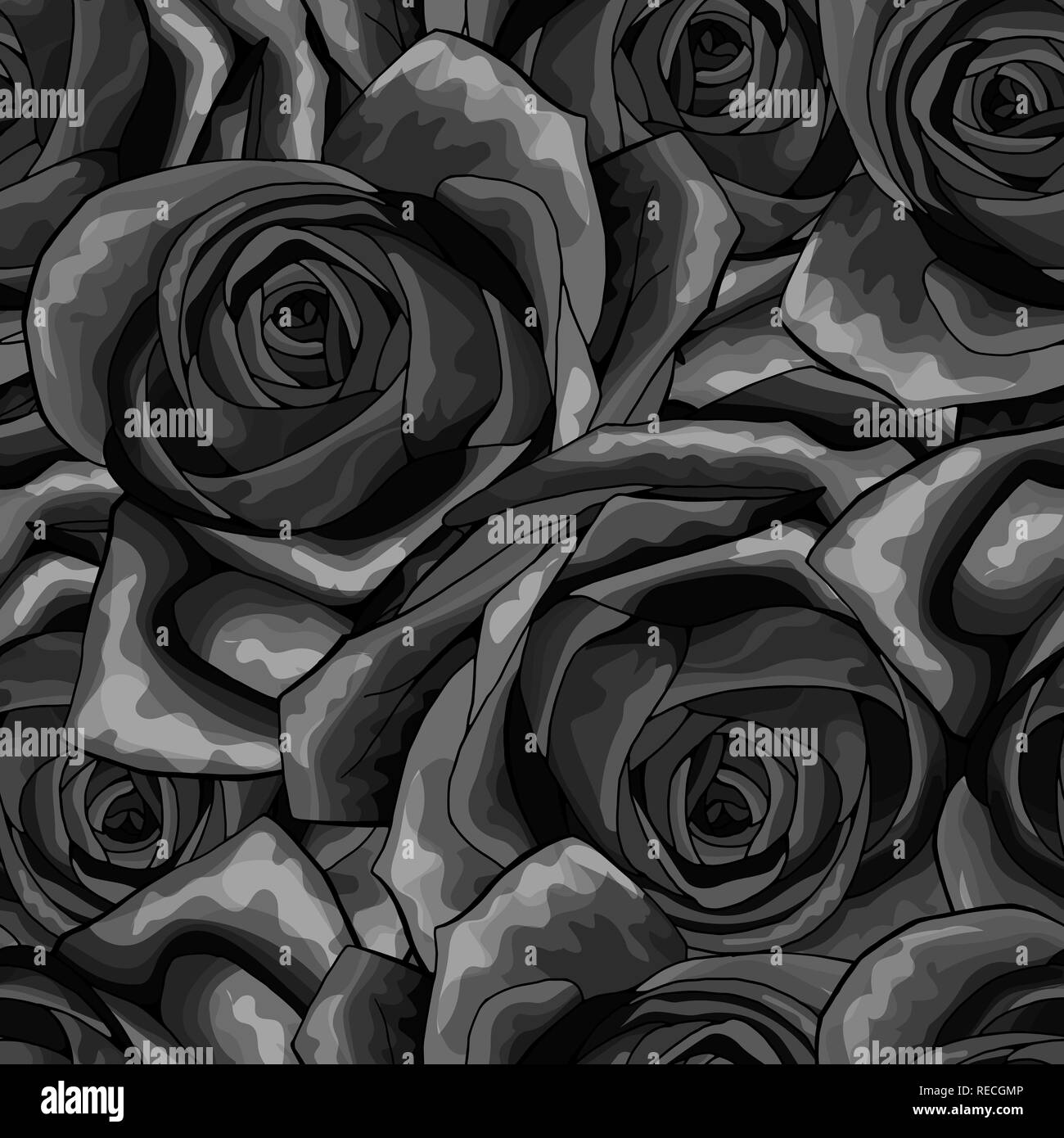 Beau noir et blanc motif transparent monochrome en roses avec les contours Illustration de Vecteur