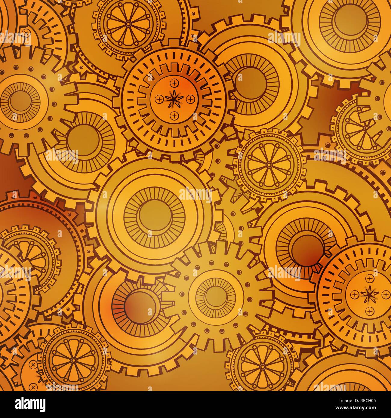 Fer d'or de la technologie des roues dentées en toile de fond. Papier peint vintage avec mécanisme. Style Steampunk Illustration de Vecteur
