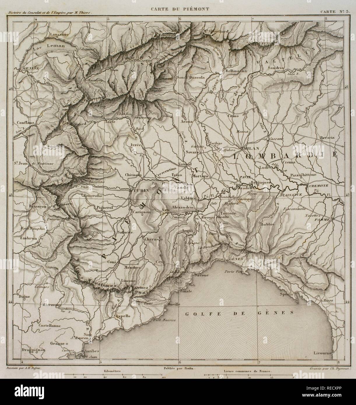 Carte de l'Piedmontt, au nord-ouest de l'Italie. Atlas de l'Histoire du Consulat et de l'Empire. Histoire du Consulat et l'Empire de la France sous Napoléon par Marie Joseph Louis Adolphe Thiers (1797-1877). Dessins par Dufour, gravures par Dyonnet. Édité à Paris, 1864. Banque D'Images