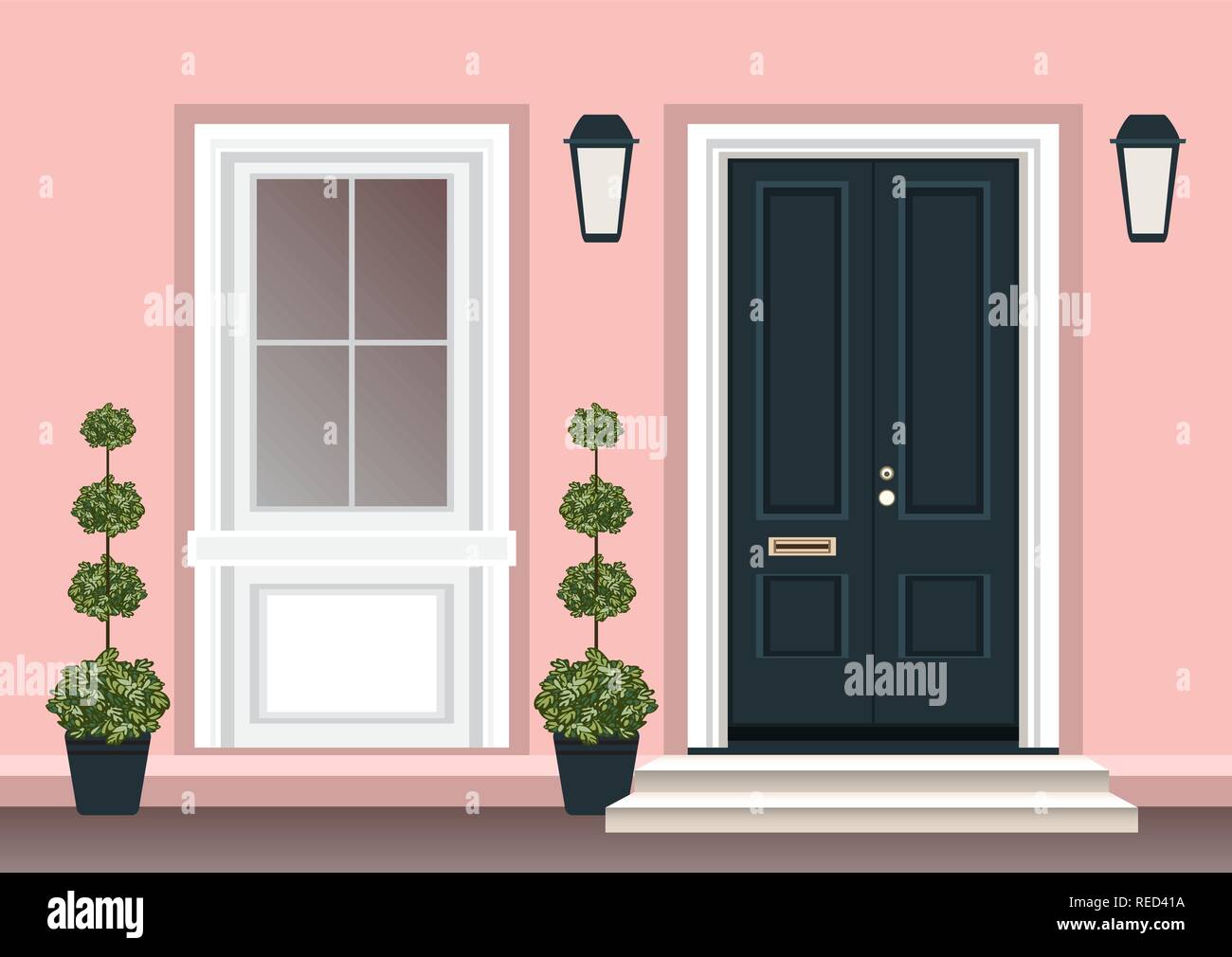 Avant la porte de la chambre avec porte et fenêtre, porche étapes, lampe, fleurs en pot, façade d'entrée du bâtiment, entrée extérieure vecteur illustration design télévision Illustration de Vecteur