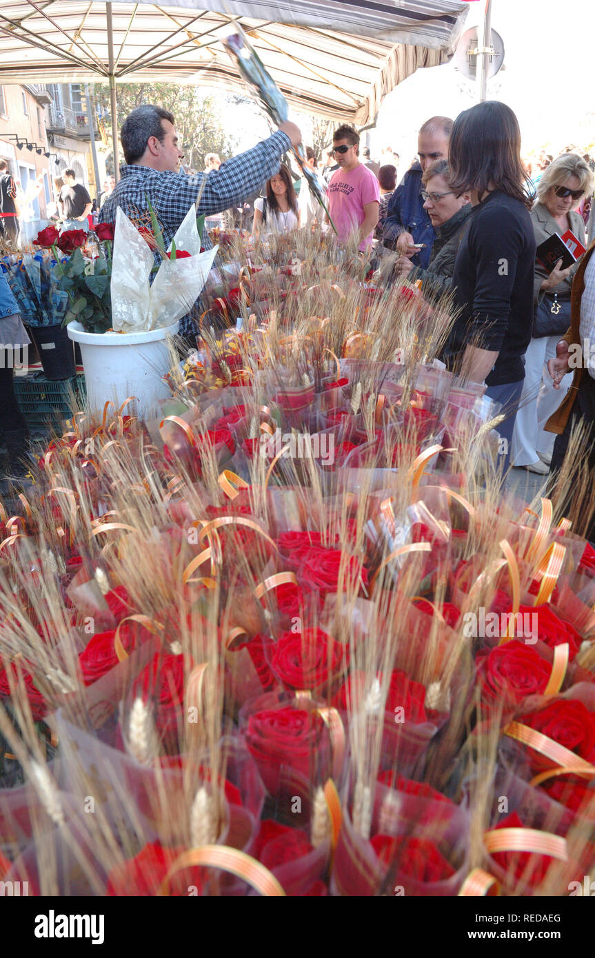 L'achat de roses le jour de Sant Jordi sur les Ramblas de Barcelone, Catalogne, Espagne Banque D'Images