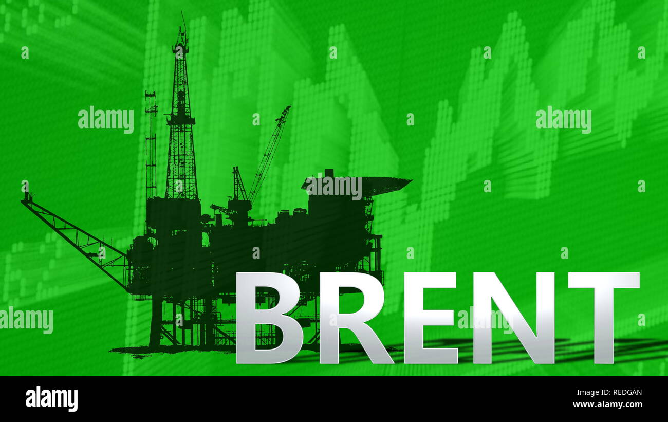 Le prix du Brent est en hausse. Derrière le mot Brant est une silhouette noire d'une plateforme pétrolière avec un ordre croissant dans le tableau vert... Banque D'Images