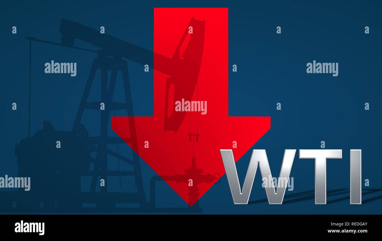 Le prix du pétrole brut WTI est en baisse. Une flèche rouge montrant vers le bas avec un puits de pétrole WTI pumpjack derrière le mot, sur fond bleu, symbole de... Banque D'Images