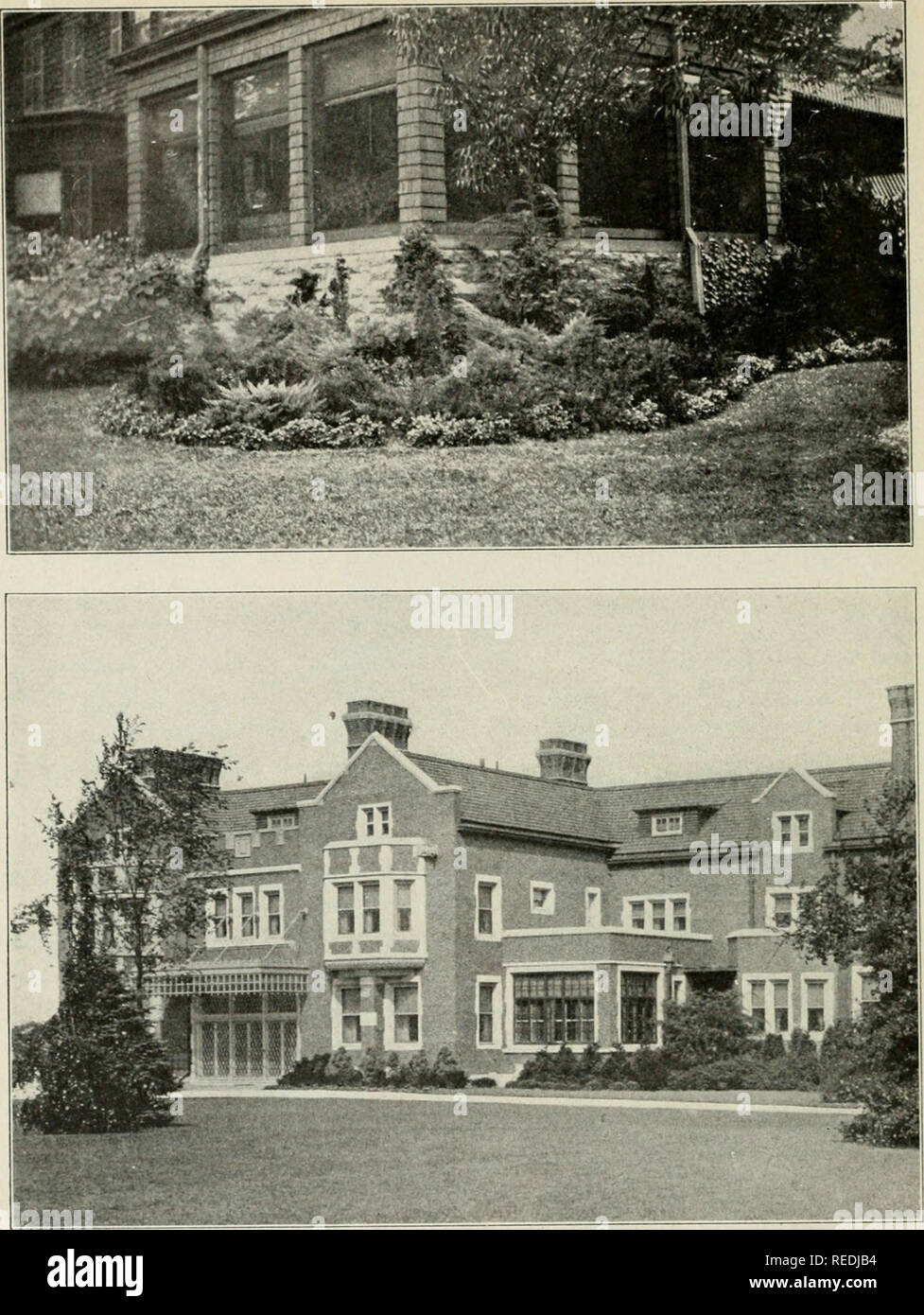 . L'ensemble de jardin. Plants cultivés ; Paysage jardinage. Plate XI. La liste des arbres à feuillage persistant adaptées aux sols et aux conditions climatiques du moyen-ouest, et précieux pour les faibles, raffiné, plantations de masse est limitée. La partie supérieure de la photo montre un effet produit par l'utilisation de l'if, nain à feuilles de tamarinier et Pfitzers genévriers, pins Mugho et japonais. euphorbe La photo montre l'efficacité des masses de faible, re- conifères une amende contre l'architecture massive. (Voir page 114). Veuillez noter que ces images sont extraites de la page numérisée des images qui peuvent avoir été numériquement en Banque D'Images