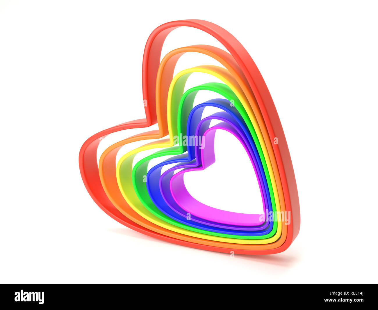 3D render of hearts dans sept couleurs arc-en-ciel sur fond blanc Banque D'Images