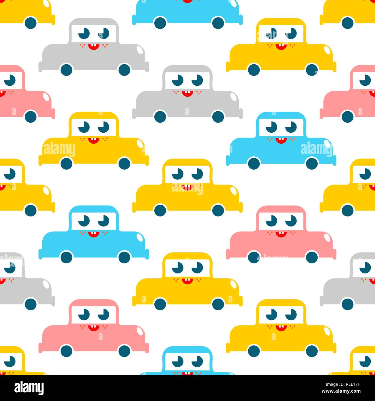 Modèle de voiture Cute cartoon style auto drôle. arrière-plan. Bébé linge texture. Les enfants de caractère. Style pour les enfants. Illustration de Vecteur