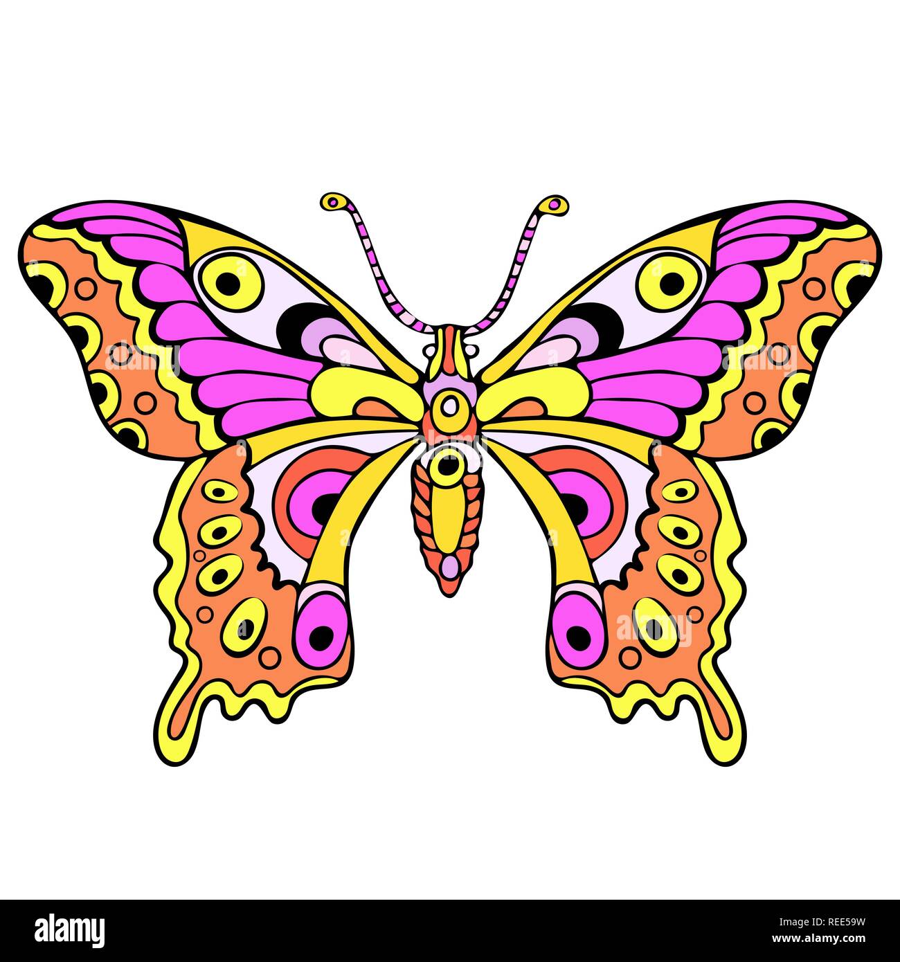 Abstract colorful butterfly, cartoon dessin à la main, impression textile, tatouage esquisse, vector illustration. Rose à motifs avec des insectes aux ailes jaunes voir bof Illustration de Vecteur
