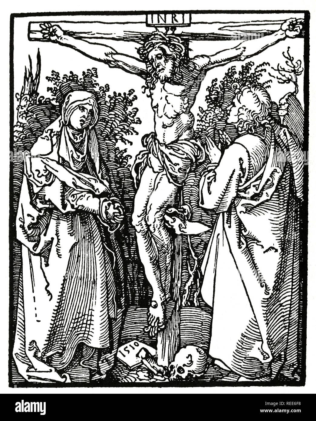 Le Christ en Croix avec Marie et st. John. Gravure sur bois, Albrecht durer, 1526. Banque D'Images