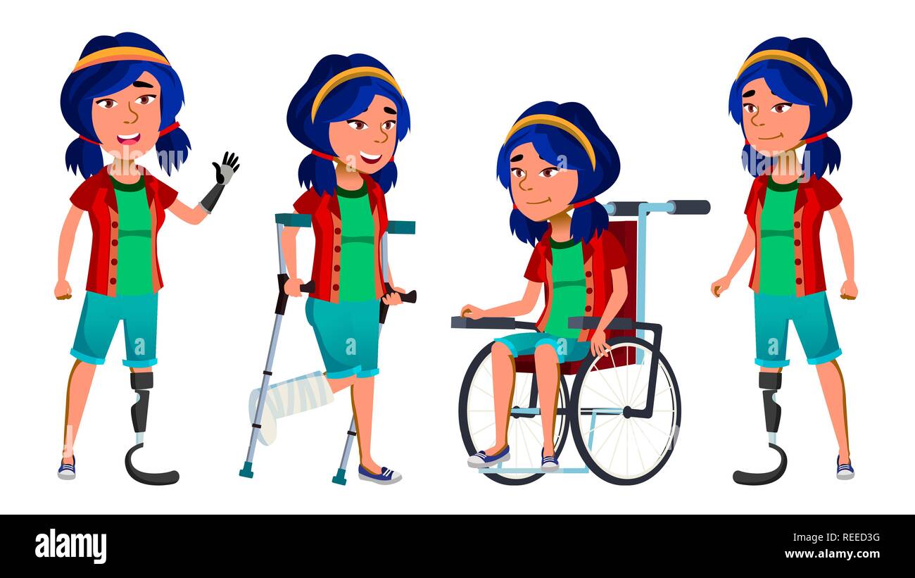 Asian Girl Kid pose vecteur. Enfant de l'école secondaire. Mobilité. Fauteuil roulant. Prothèse d'amputation. Pour la bannière, Flyer, Web Design. Cartoon illustration isolé Illustration de Vecteur