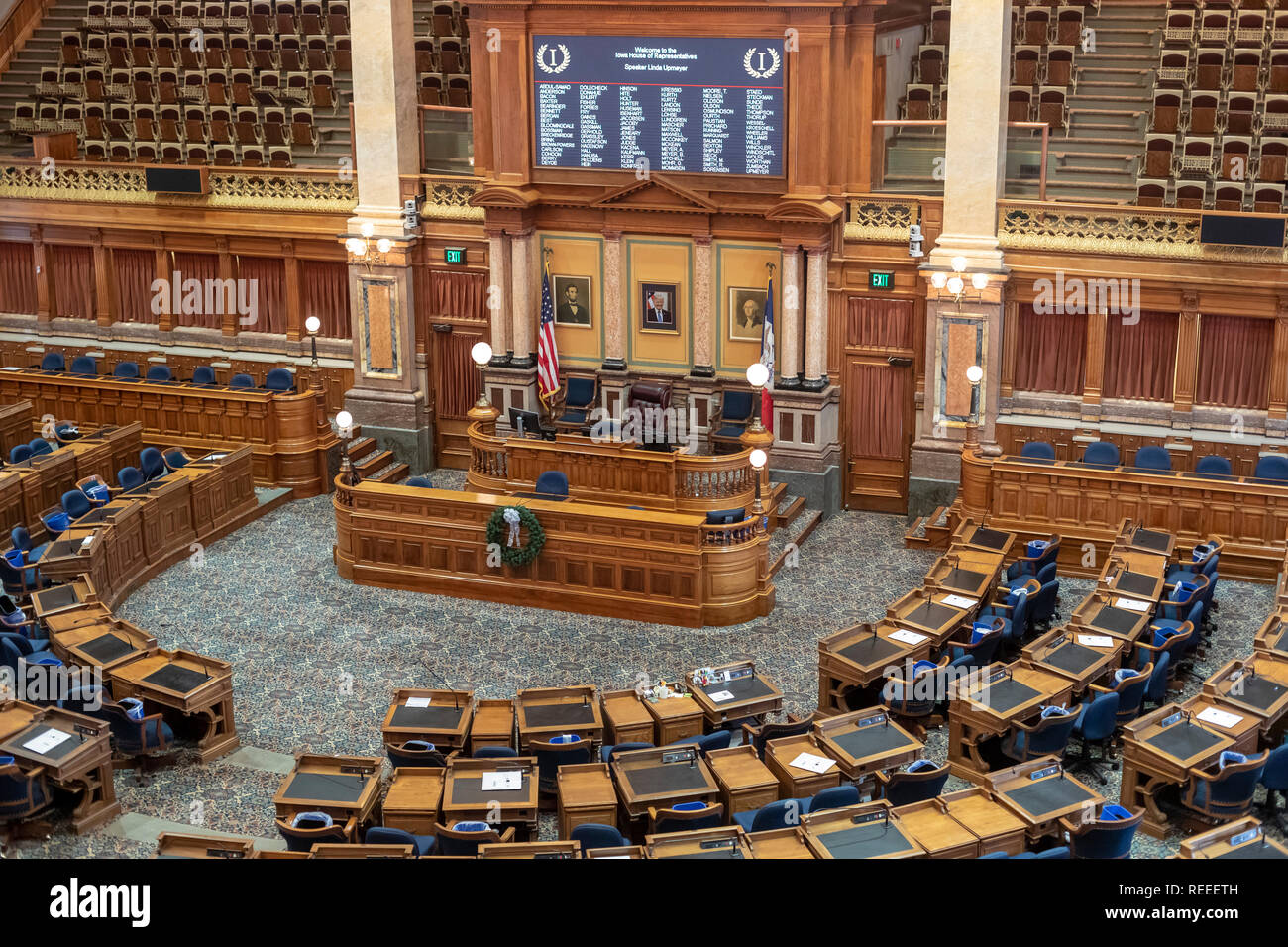 Des Moines, Iowa - La Chambre des représentants dans l'Iowa State Capitol building. Banque D'Images