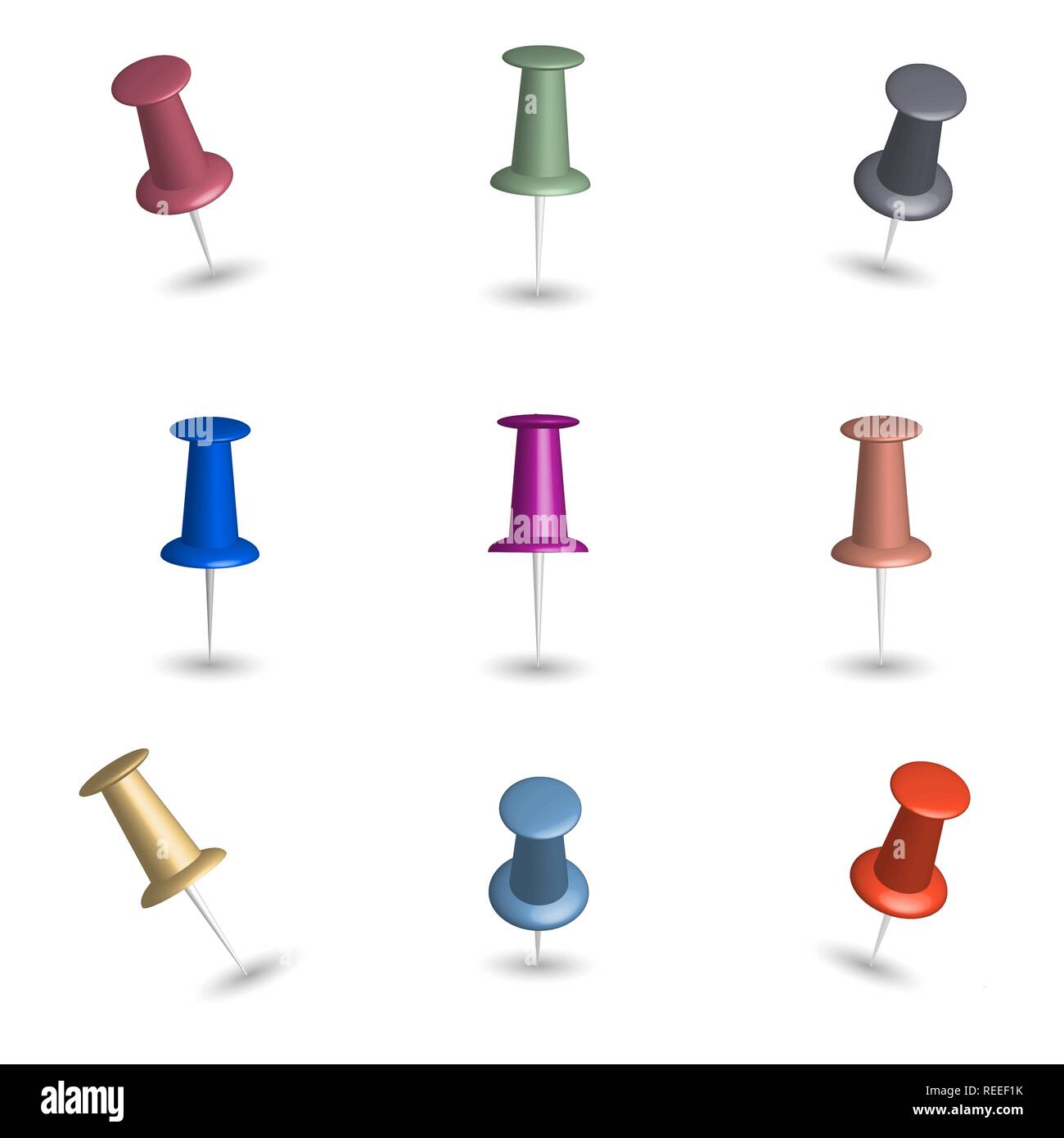 Ensemble de 3D couleur de punaises, isolé sur fond blanc, vector illustration. Illustration de Vecteur