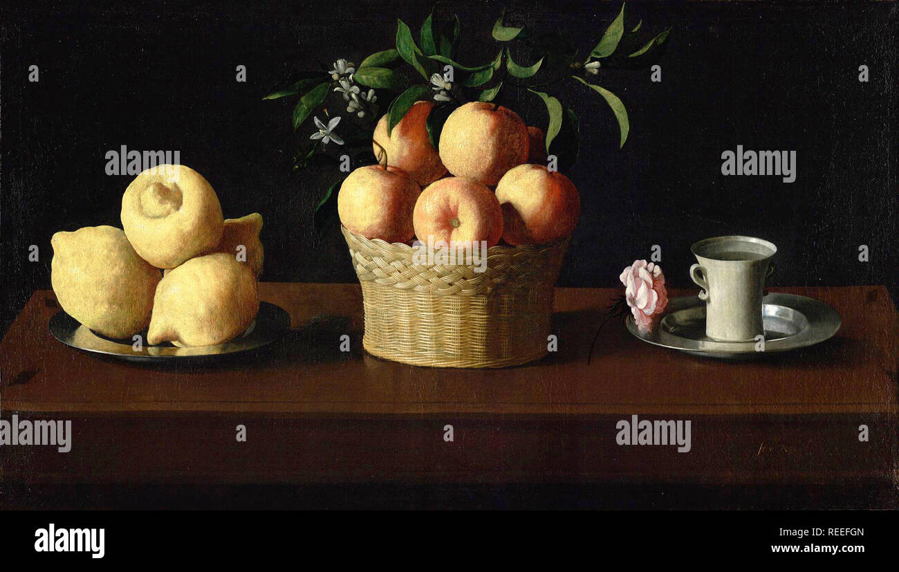 Nature morte avec des citrons, oranges et une rose par Francisco de Zurbarán Banque D'Images