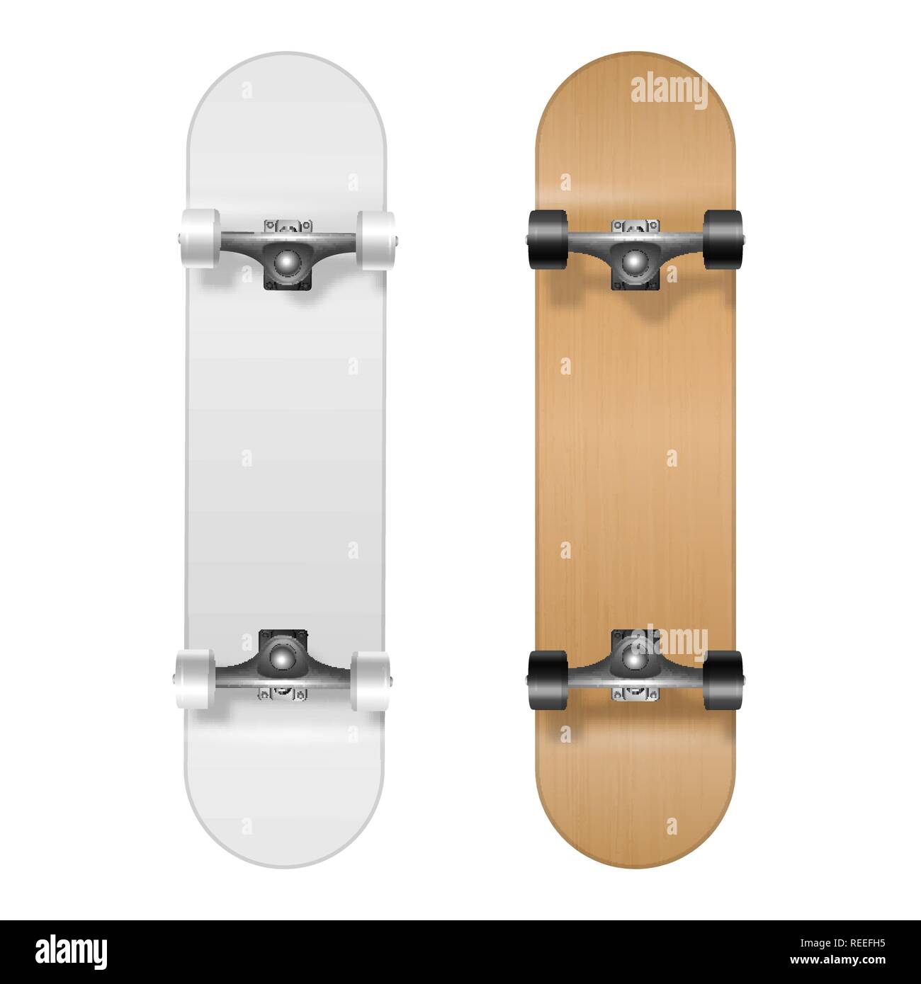 La planche à roulettes. Vector 3D réaliste et Vierge en bois blanc  Skateboard Icon Set libre isolé sur fond blanc. Modèle de conception de  Skate Board montrant le bas pour une maquette.