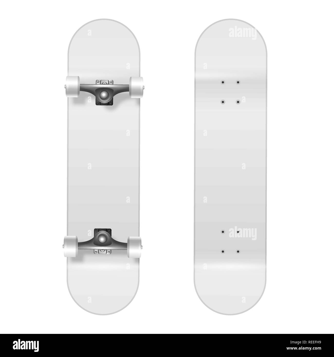 La planche à roulettes. Vector 3D réaliste Skateboard blanc vide Icon Set  libre isolé sur fond blanc. Modèle de conception de Skate Board montrant le  haut et le bas pour une maquette.