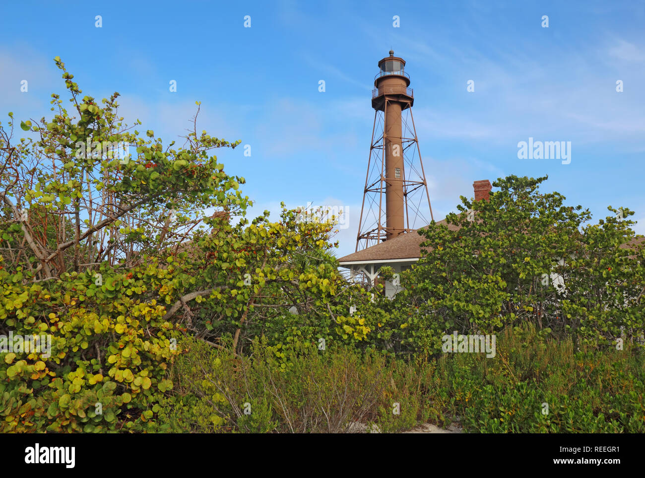 L'île de Sanibel ou Point Ybel la lumière sur l'île de Sanibel, la Floride avec la végétation environnante vu de Lighthouse Beach Park Banque D'Images