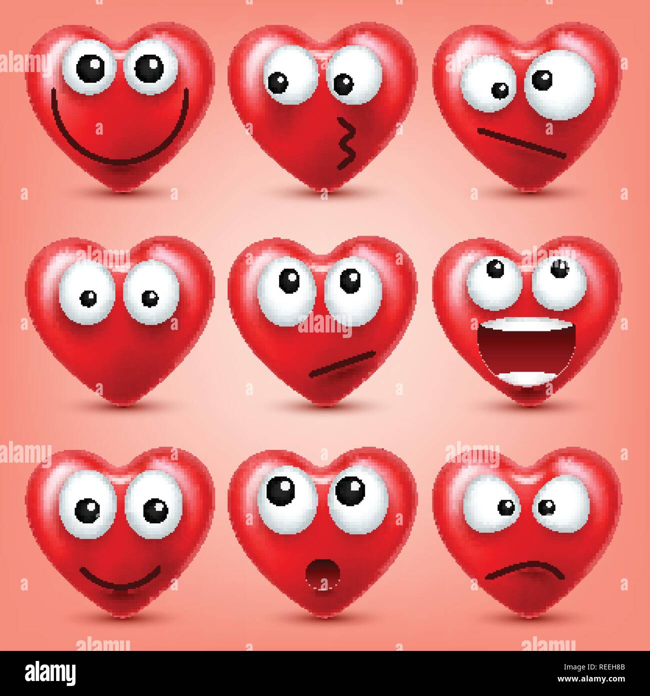Smiley coeur vector set emoji pour la SaintValentin. Funny face rouge