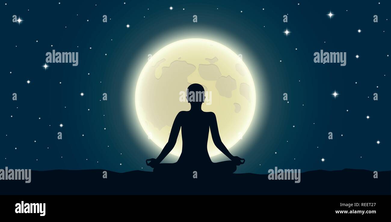 La méditation paisible à la pleine lune et ciel étoilé vector illustration EPS10 Illustration de Vecteur
