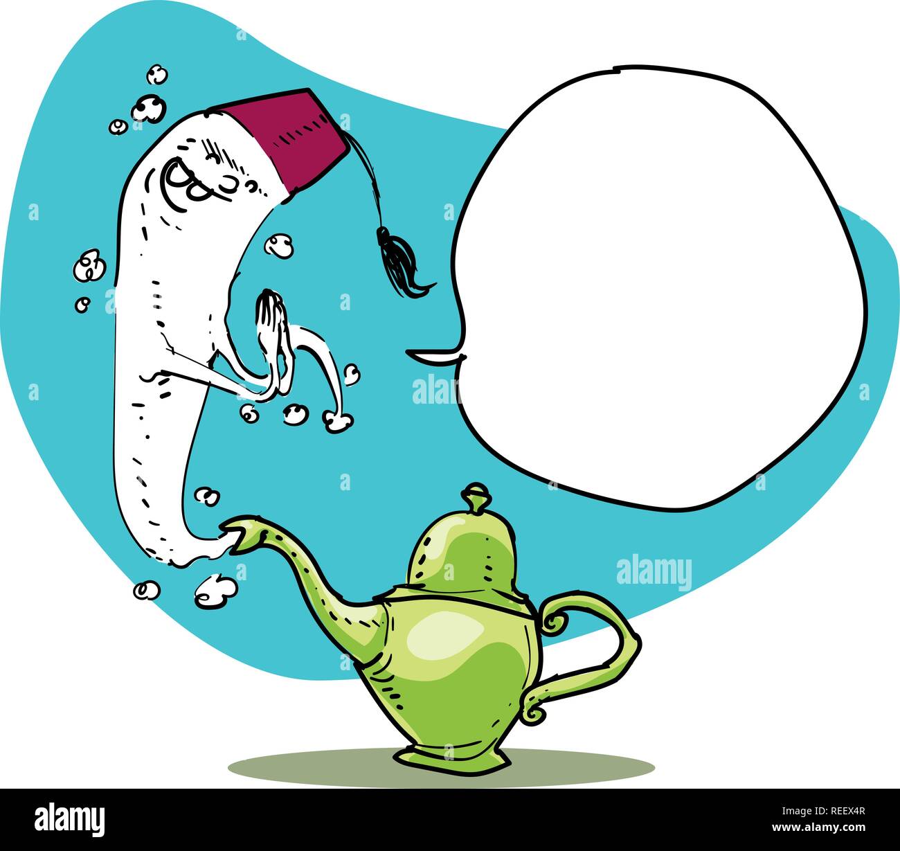 Un génie de la lampe, la lampe magique d'Aladdin et le genie cartoon. vector illustration. Illustration de Vecteur