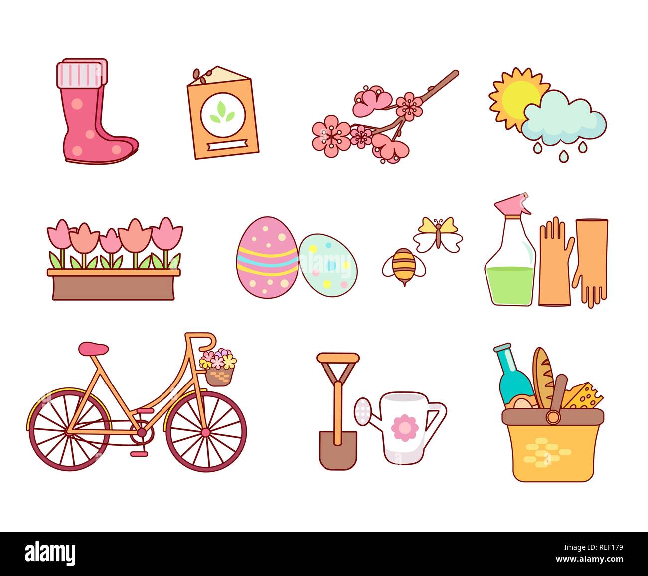 Ensemble de printemps coloré d'icônes. Symboles de saison télévision dans le style. Jardin, fleurs et autres éléments de conception, isolé sur fond blanc. Clip Nature art.Vector illustration Illustration de Vecteur