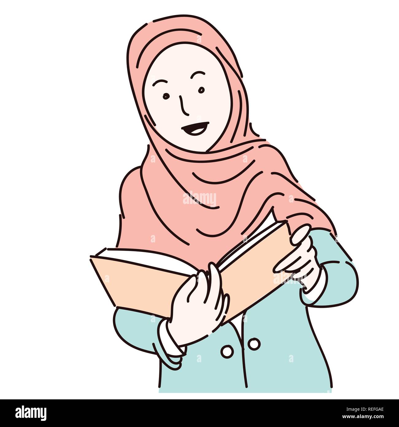 Les femmes musulmanes portant le hijab tenant un livre, style cartoon, pour l'entreprise et de l'éducation concept - vector illustration design plat Illustration de Vecteur