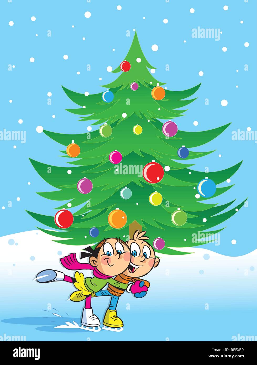 L'illustration montre un garçon et une fille qui vont pour une unité près d'un arbre de Noël. En fait l'illustration cartoon style, sur des calques distincts. Illustration de Vecteur