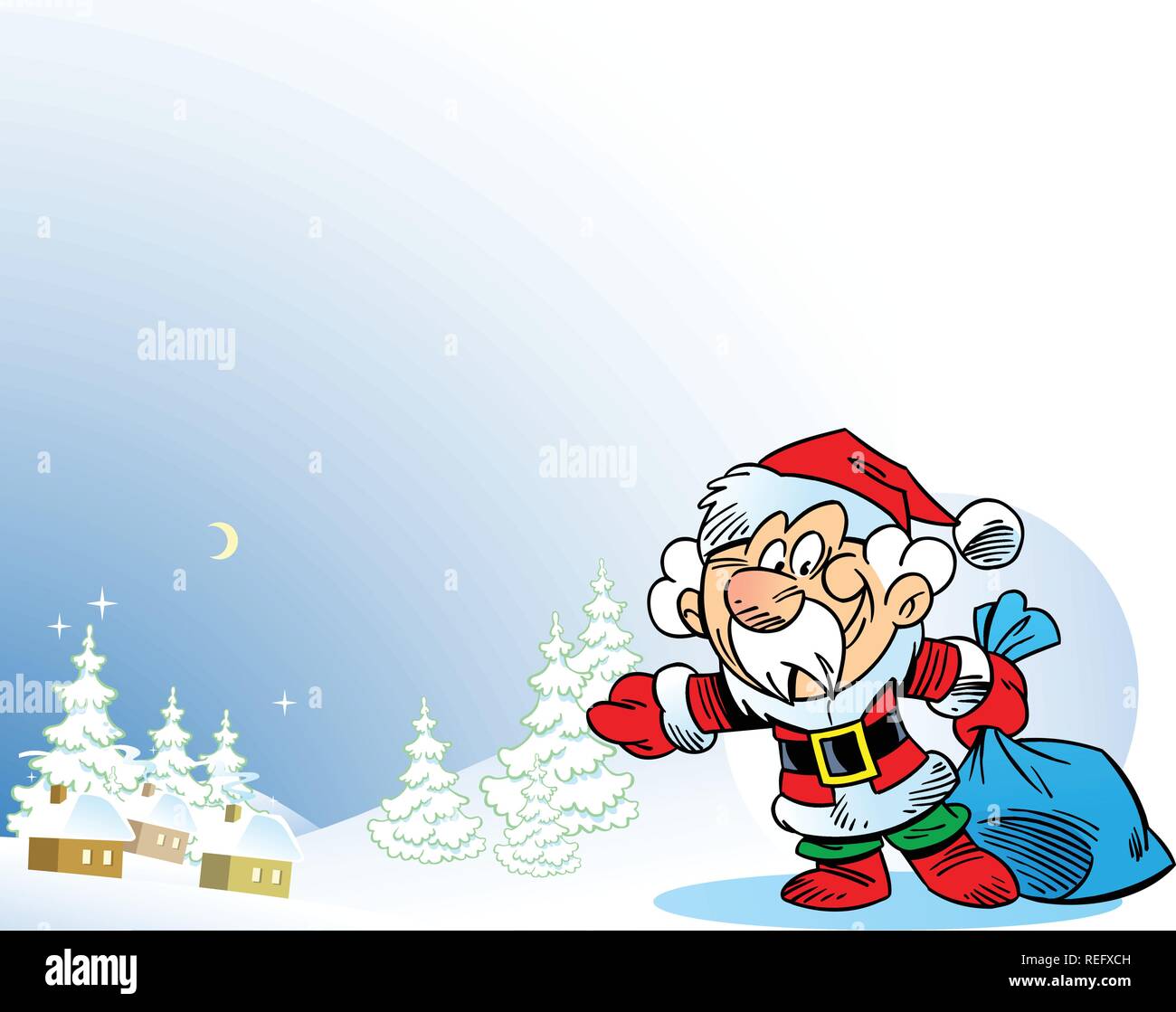 L'illustration présente le Père Noël, qui a porté le sac de cadeaux sous l'arbre de Noël. Illustration faite sur des calques distincts. Illustration de Vecteur