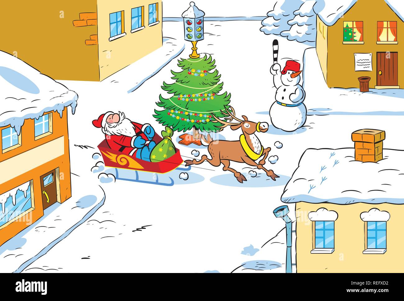 L'illustration montre la ville la nuit et voler sur le fond de ciel Père Noël dans un traîneau de rennes. Illustration de Vecteur