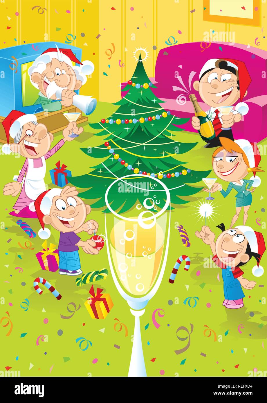 L'illustration montre comment une famille de six personnes célèbrent Noël. Ils se saluent dans une chambre près de l'arbre de Noël. Illustration de Vecteur