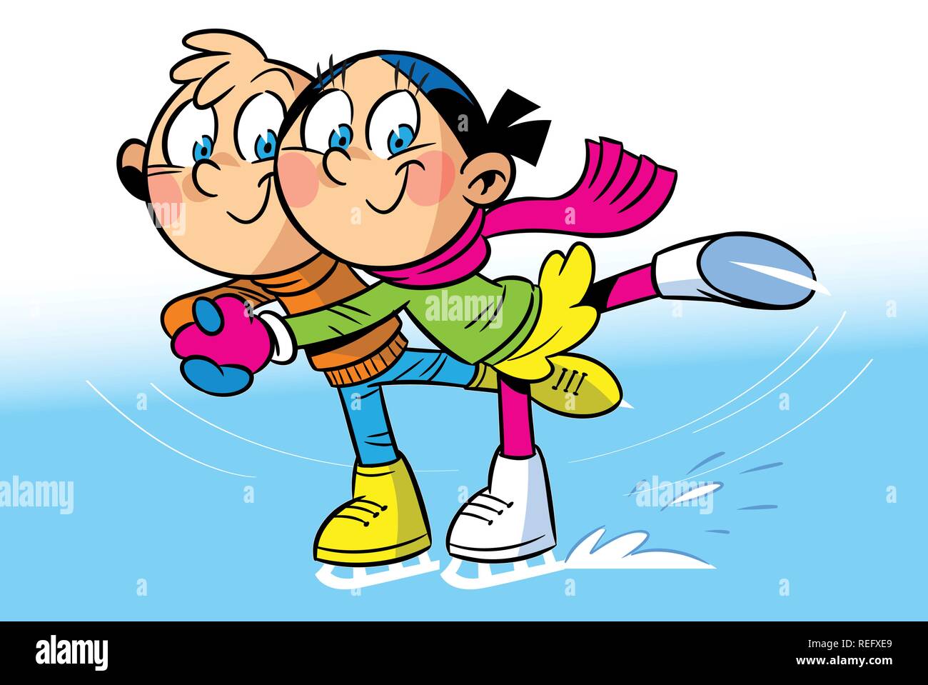 Sur la glace funny boy and girl riding sur skate. En fait l'illustration cartoon style. Illustration de Vecteur