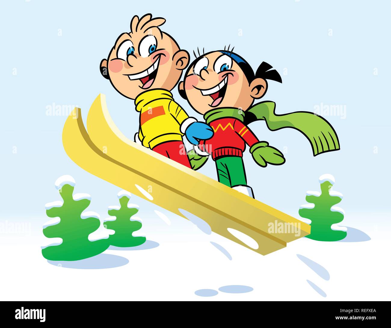 L'illustration montre le funny boy and girl. Ils montent avec snow hill sur un ski. En fait l'illustration cartoon style. Illustration de Vecteur