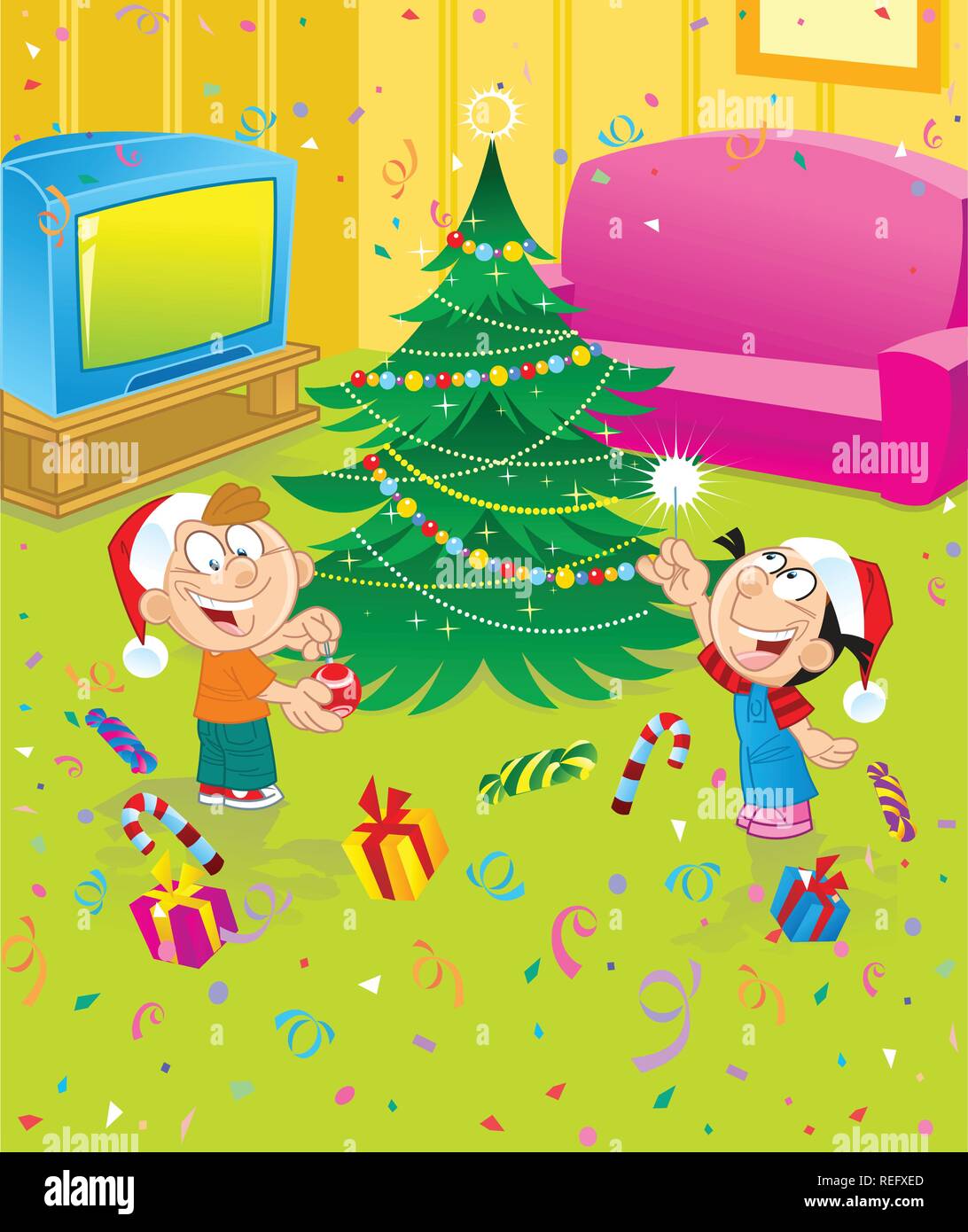 Les enfants décorer l'arbre de Noël Illustration de Vecteur