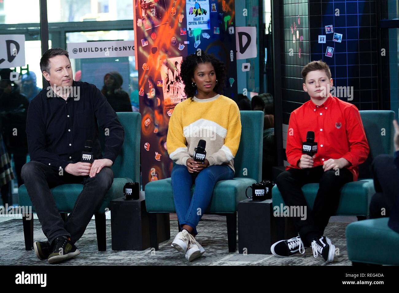 New York, NY, USA. 21 Jan, 2019. Joe Cornish, Rhianna Dorris, Louis Ashbourne Serkis intérieur pour construire AOL Celebrity Series Candids - SUN, AOL Construire Series, New York, NY 21 janvier 2019. Crédit : Steve Mack/Everett Collection/Alamy Live News Banque D'Images