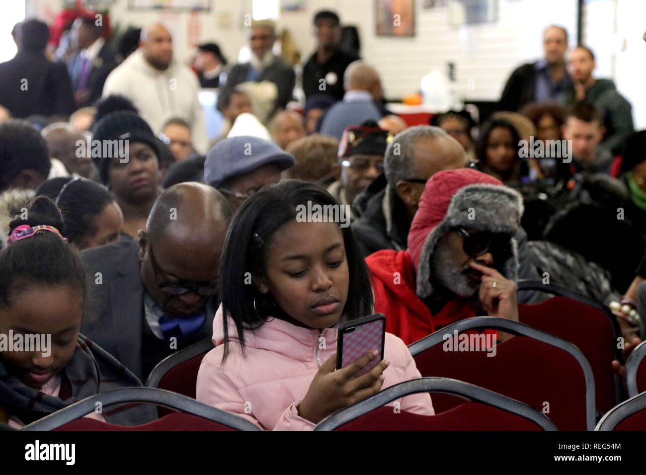 New York, NY, USA. 21 Jan 2019. L'Assemblée annuelle de Martin Luther King, une célébration a été organisée par le révérend Al Sharpton, le 21 janvier 2018 au siège du réseau national d'action à Harlem, New York et les apparences et les discours par le révérend Al Sharpton, le sénateur Kirsten Gillibrand, le maire Bill De Blasio, le sénateur Charles Schumer, M. Jerry Nadler et autres sur cette fête nationale aux États-Unis, qui honore la fin des droits civiques anniversaire. © 2019 Credit : Ronald G. Lopez/Alamy Live News Banque D'Images