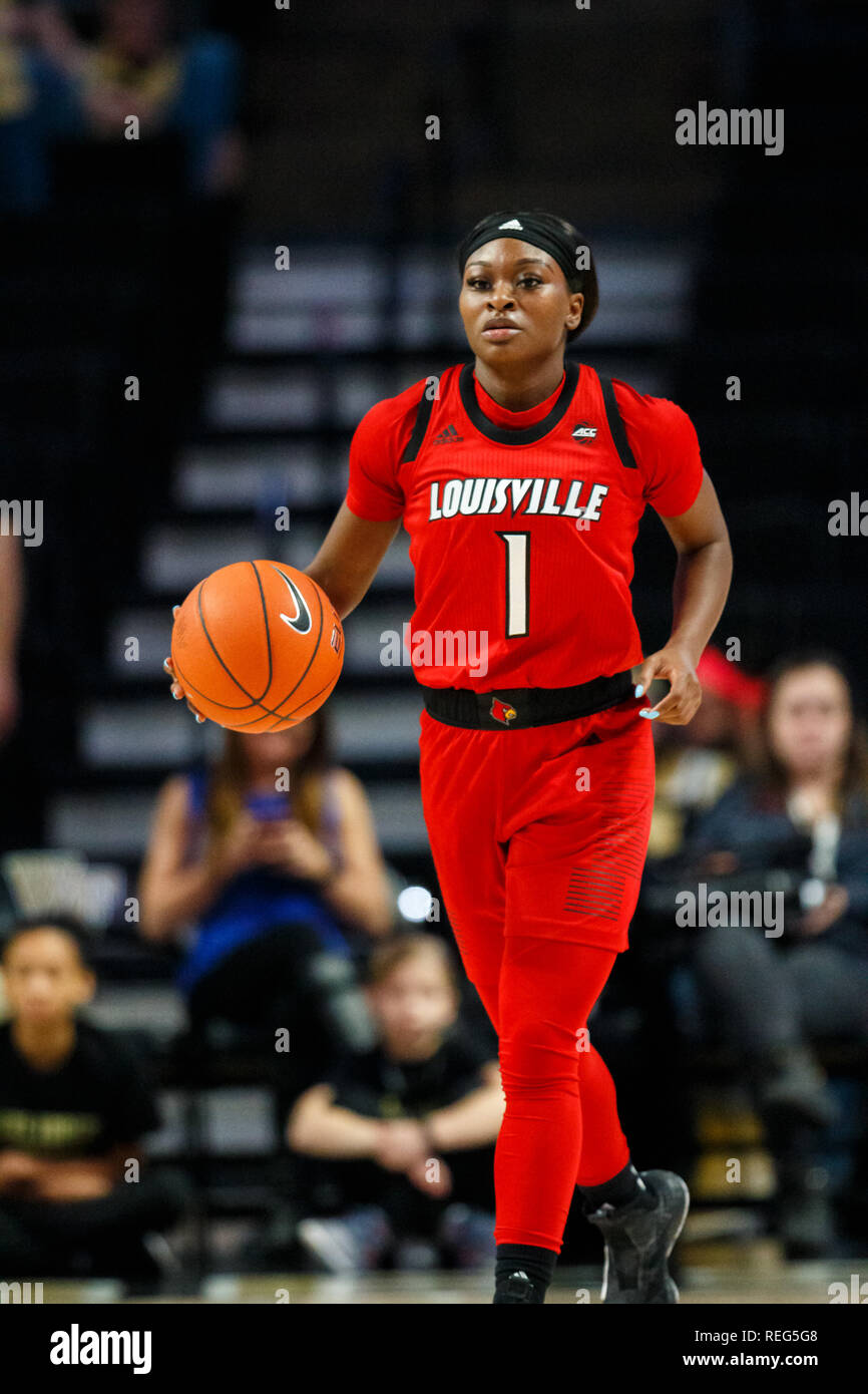 Winston-Salem, NC, USA. 20 Jan, 2019. Louisville Cardinals guard Dana Evans (1) apporte la balle dans la cour de basket-ball Womens CAC se rencontreront à LJVM Coliseum de Winston-Salem, NC. (Scott Kinser/Cal Sport Media) Credit : csm/Alamy Live News Banque D'Images