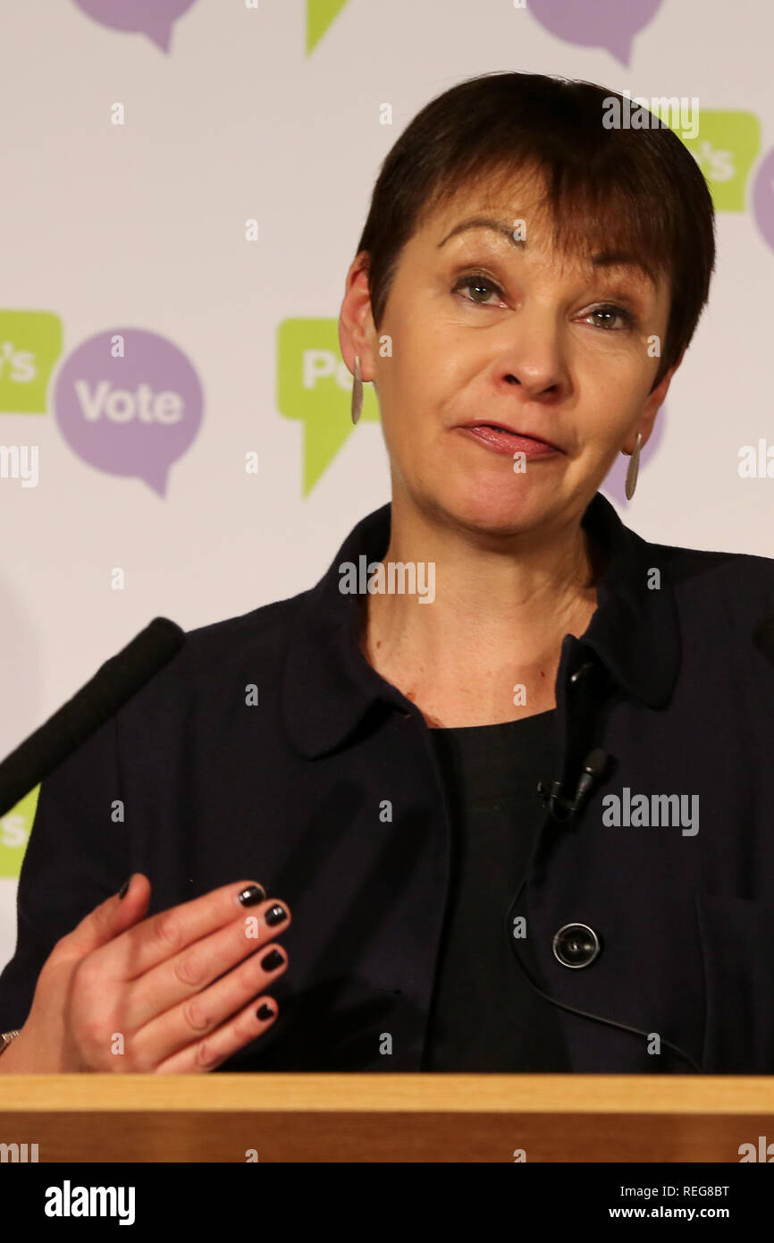 Westminster, London, UK. 22 janvier, 2019. Caroline Lucas MP s'exprimant lors de la conférence de presse. Vote du peuple tient une conférence de presse à Westminster qui examine les formes alternatives de Brexit - allant de la Norvège ainsi que le plan de travail et un "no deal" Départ de l'Union européenne Ð avant de suggérer que la seule voie à suivre sera, en fin de compte, à part la décision finale à la population du Royaume-Uni. Credit : Dinendra Haria/Alamy Live News Crédit : Dinendra Haria/Alamy Live News Banque D'Images