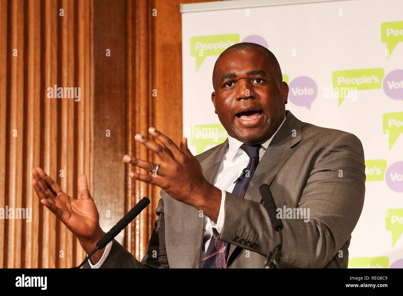 Westminster, London, UK. 22 janvier, 2019. David Lammy MP s'exprimant lors de la conférence de presse. Vote du peuple tient une conférence de presse à Westminster qui examine les formes alternatives de Brexit - allant de la Norvège ainsi que le plan de travail et un "no deal" Départ de l'Union européenne Ð avant de suggérer que la seule voie à suivre sera, en fin de compte, à part la décision finale à la population du Royaume-Uni. Credit : Dinendra Haria/Alamy Live News Crédit : Dinendra Haria/Alamy Live News Banque D'Images