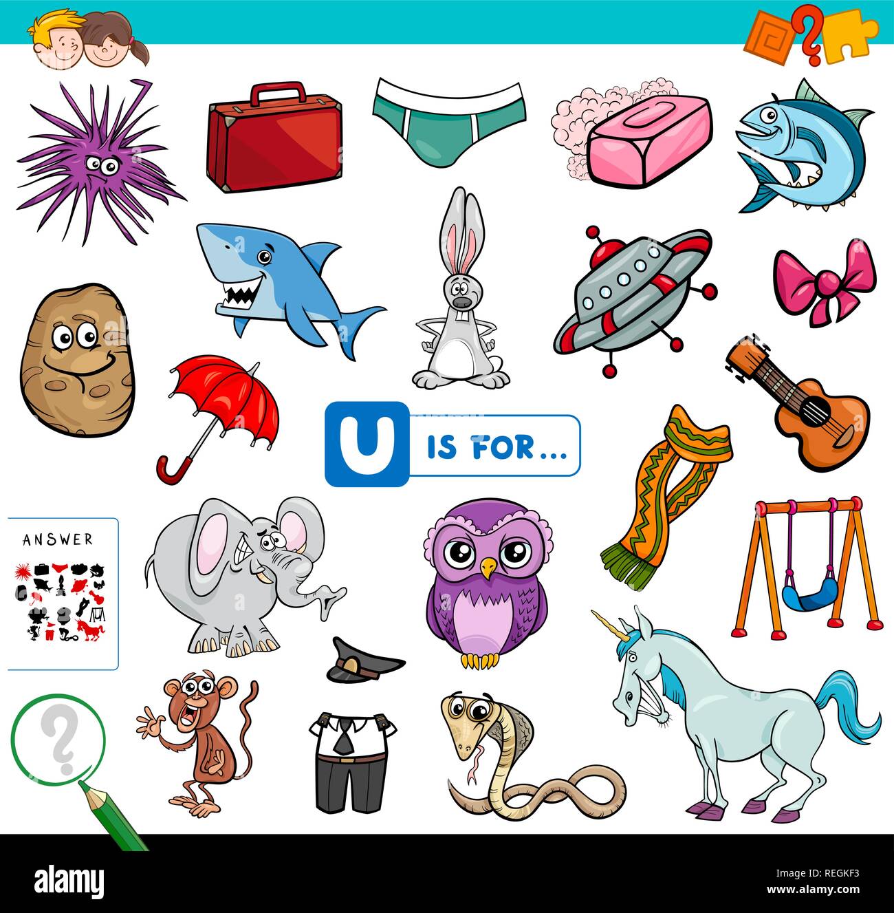 Cartoon Illustration de trouver Photo commençant par la lettre U jeu éducatif pour les enfants Cahier Illustration de Vecteur