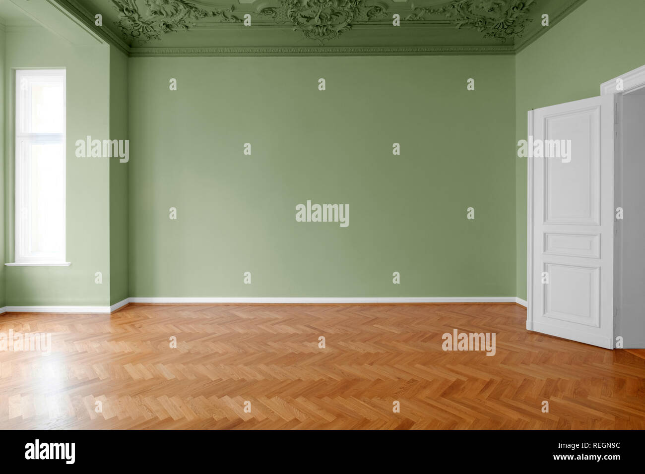 Salle vide avec des murs peints en vert, de rénovation concept Banque D'Images