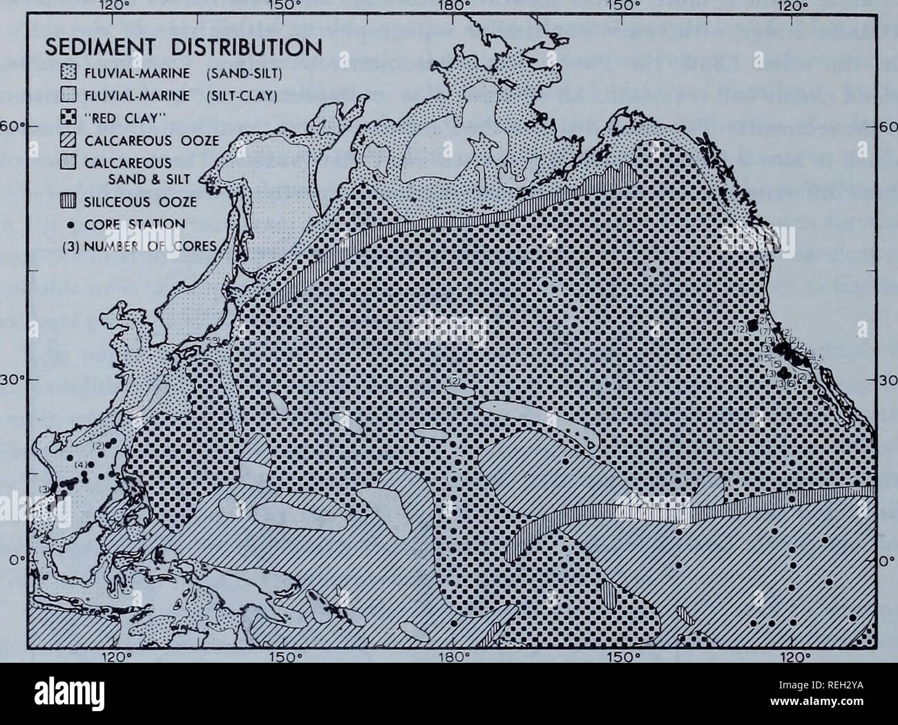 . Recueillis les réimpressions / laboratoires océanographiques et météorologiques de l'Atlantique [et] laboratoires océanographiques du Pacifique. Bedford périodiques.. La distribution des types de sédiments sédiments illustré aux figures 1 et 2 est basé principalement sur des données obtenues à partir des fichiers de la U.S. Naval Oceanographic Office et complétée par le travail d'Arrhenius (1963). Pour les fins de cette étude, les types de sédiments ont été répartis en six catégories : (1) marine-fluviale (sable-limon) représentant les 150. Fig. 2 fraction des particules (plus de 0,016 mm) ; (2) marine-fluviale (silt et argile), la fraction fine (plus petite tha Banque D'Images