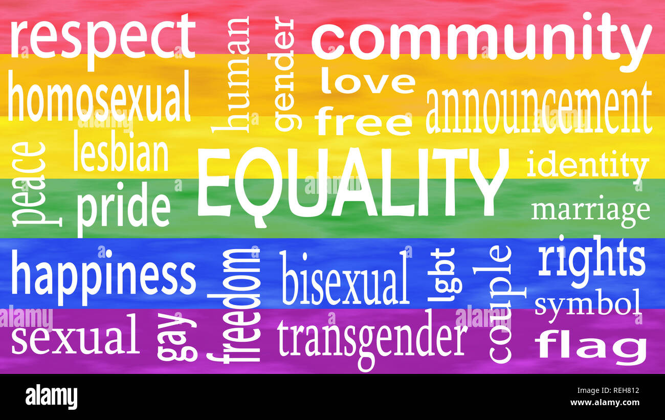 Illustration de l'égalité lettrage mot isolé sur fond des couleurs du drapeau lgbt. Banque D'Images