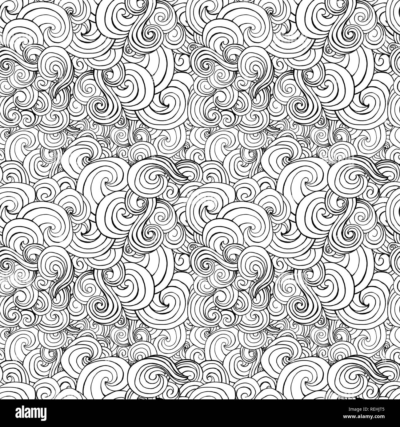 Grand modèle transparent noir et blanc avec des boucles et des vagues stylisées pour tissu textile, un oreiller ou l'emballage. Vector illustration Illustration de Vecteur