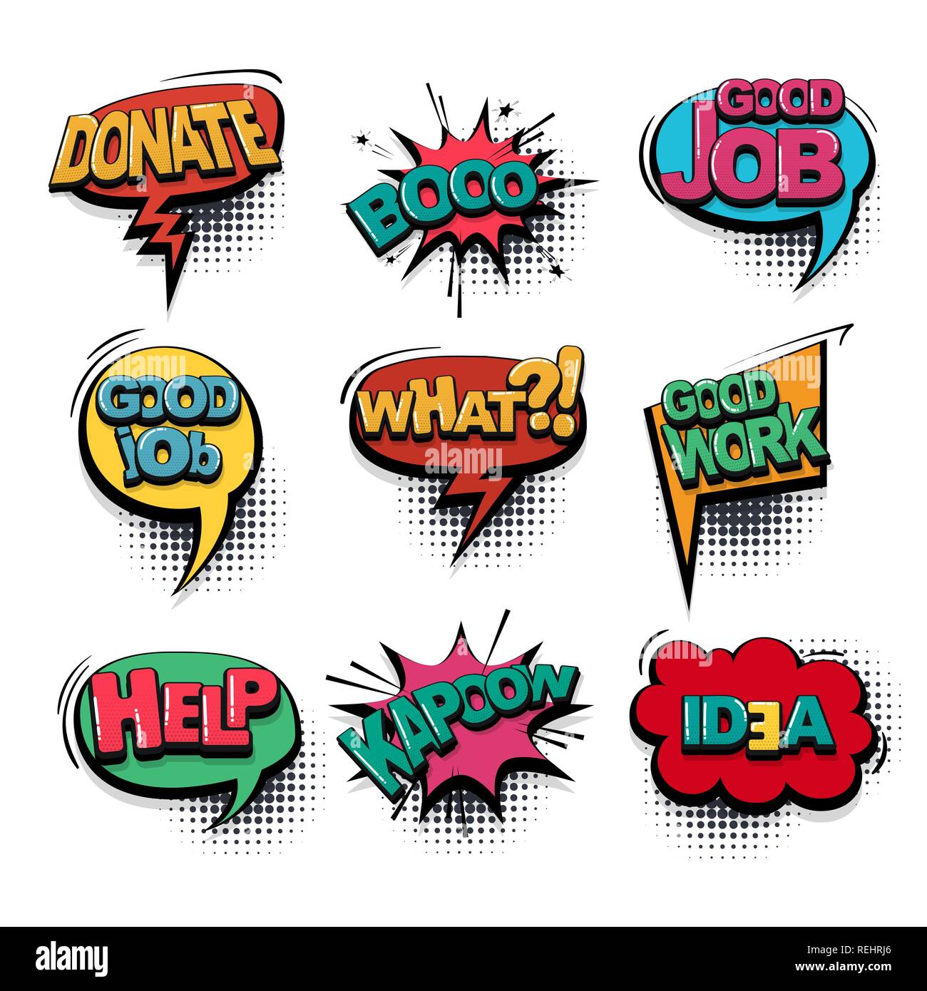 Aider boo bon travail comic collection texte style pop art d'effets sonores. Vecteur bulle avec le mot et la phrase courte expression cartoon illustrati Illustration de Vecteur