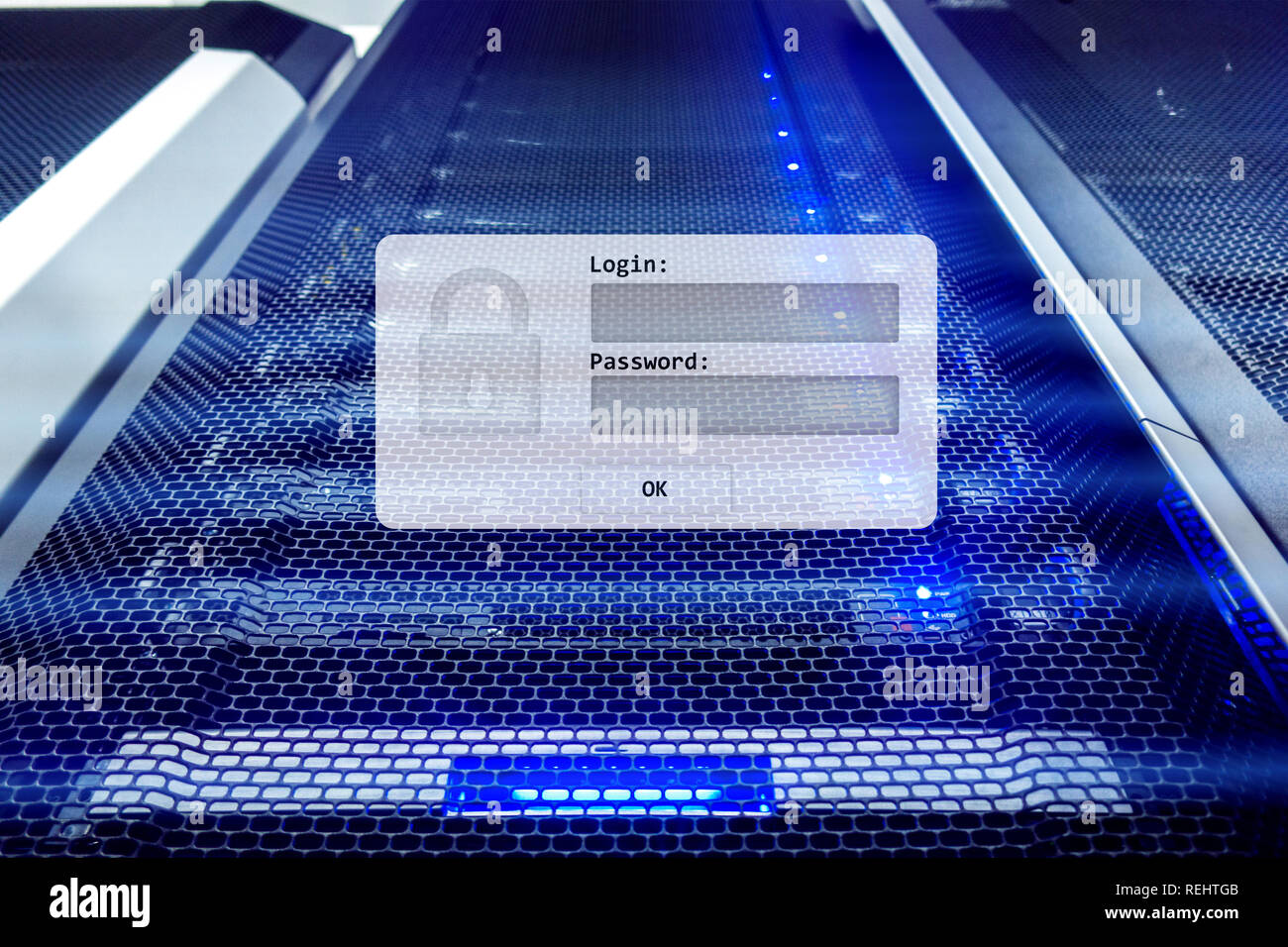 Salle de serveur, login et mot de passe demande d'accès aux données, et la sécurité Banque D'Images