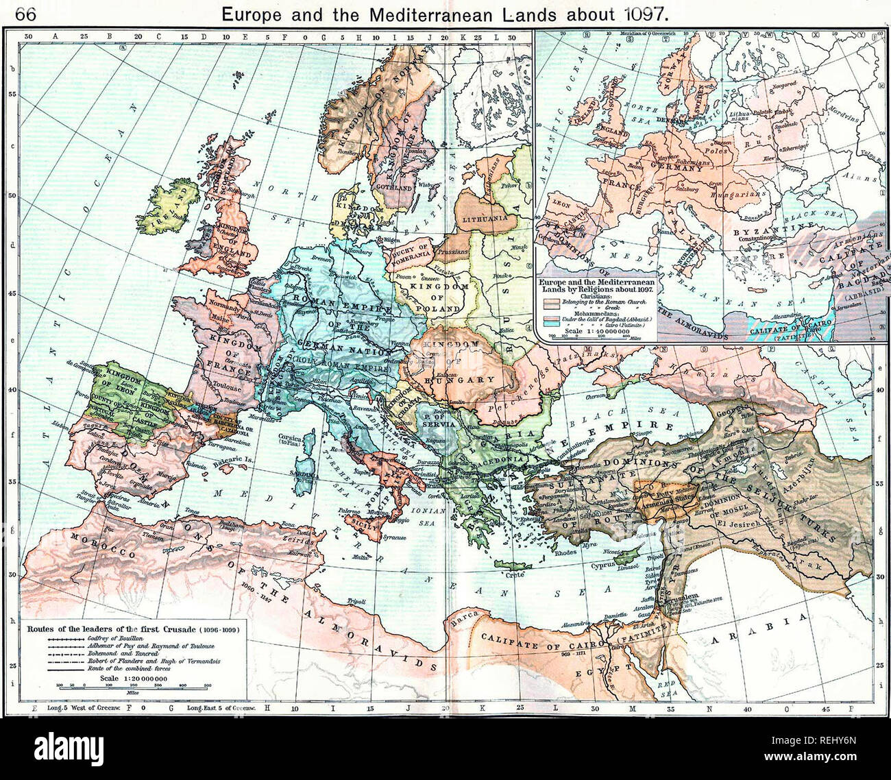 Carte de l'Europe et de la Méditerranée sur des terres 1097 Banque D'Images
