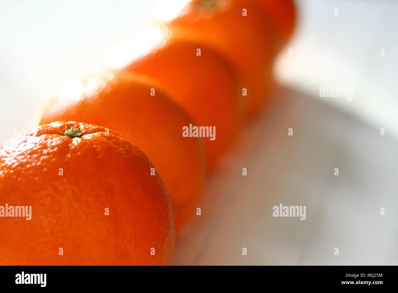 Oranges douces dans une rangée sur une table dans la lumière du soleil Banque D'Images